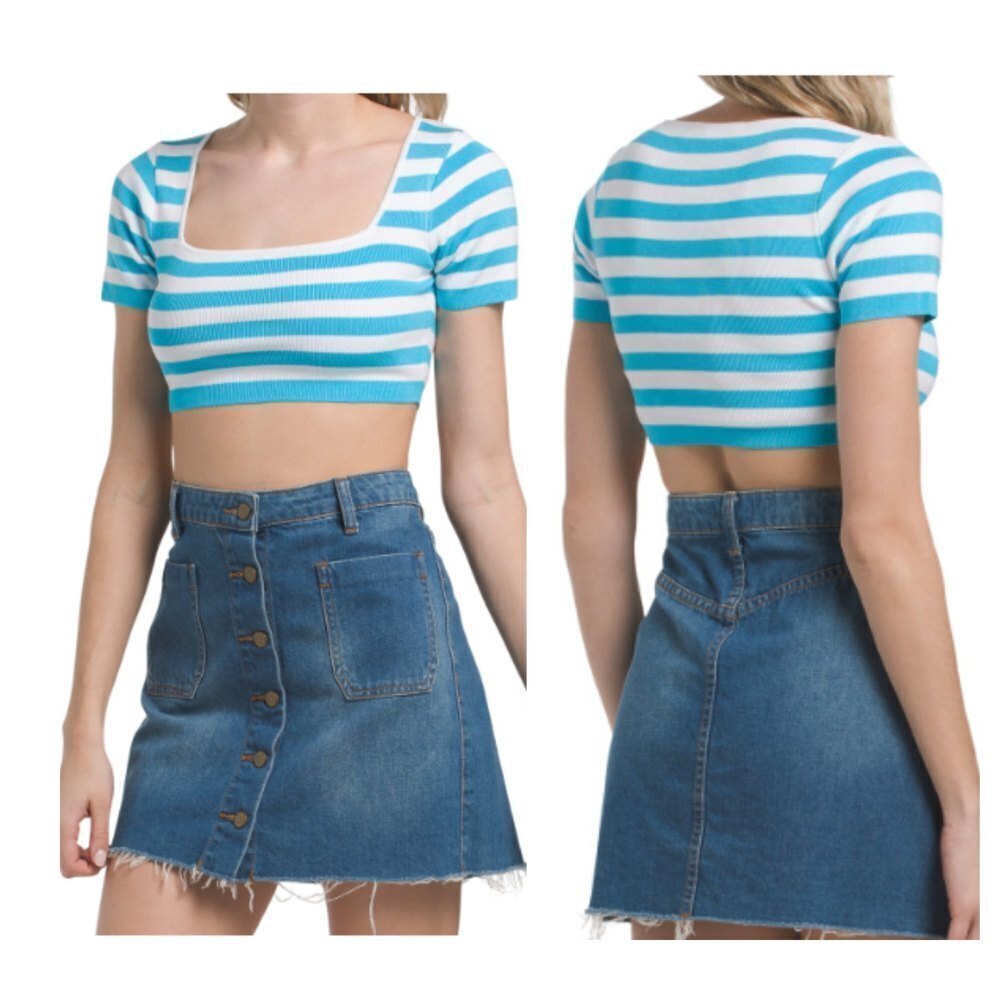 ZARA Cropped Knitted Ribbed Top Stripes Blue White Stretchy Square Neck M NWT